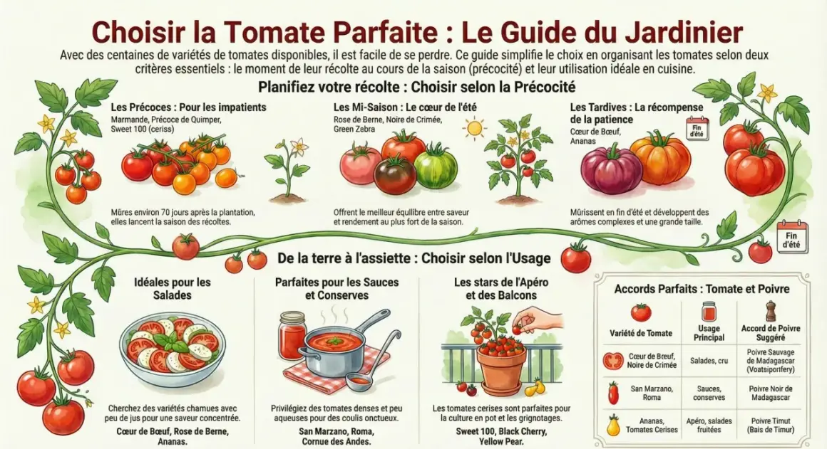 Guide du jardinier : choisir la tomate parfaite. Illustrations de tomates, salades, sauces et poivres. Idéal pour le jus de tomate.