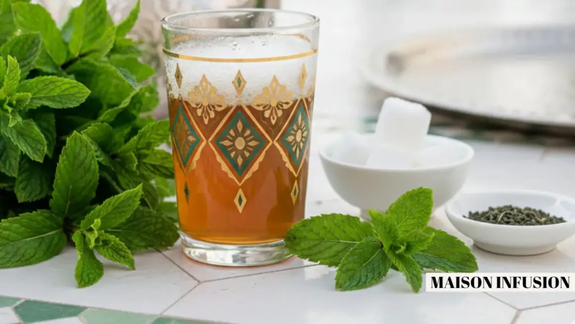 Un verre de thé à la menthe fraîche, orné de motifs dorés et verts, est prêt à être dégusté avec des morceaux de sucre et des feuilles de thé.