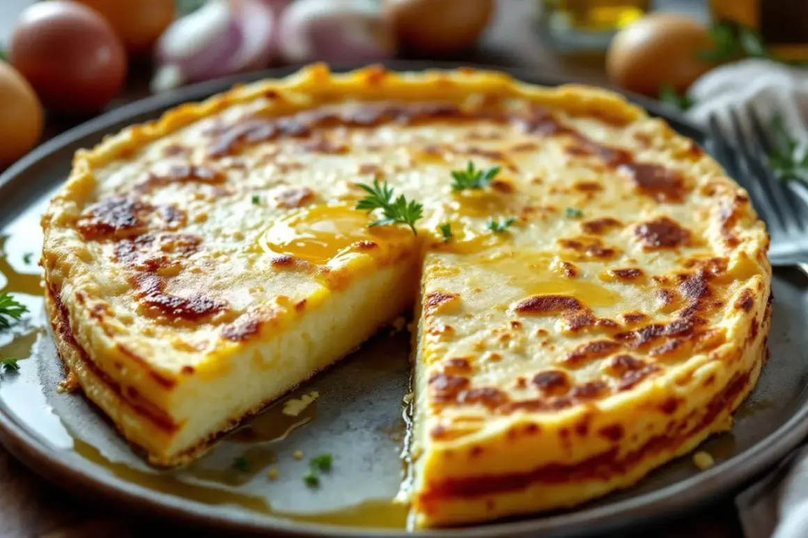 Une délicieuse tortilla espagnole, dorée et savoureuse, est servie sur une assiette. Des œufs et des oignons sont visibles en arrière-plan.