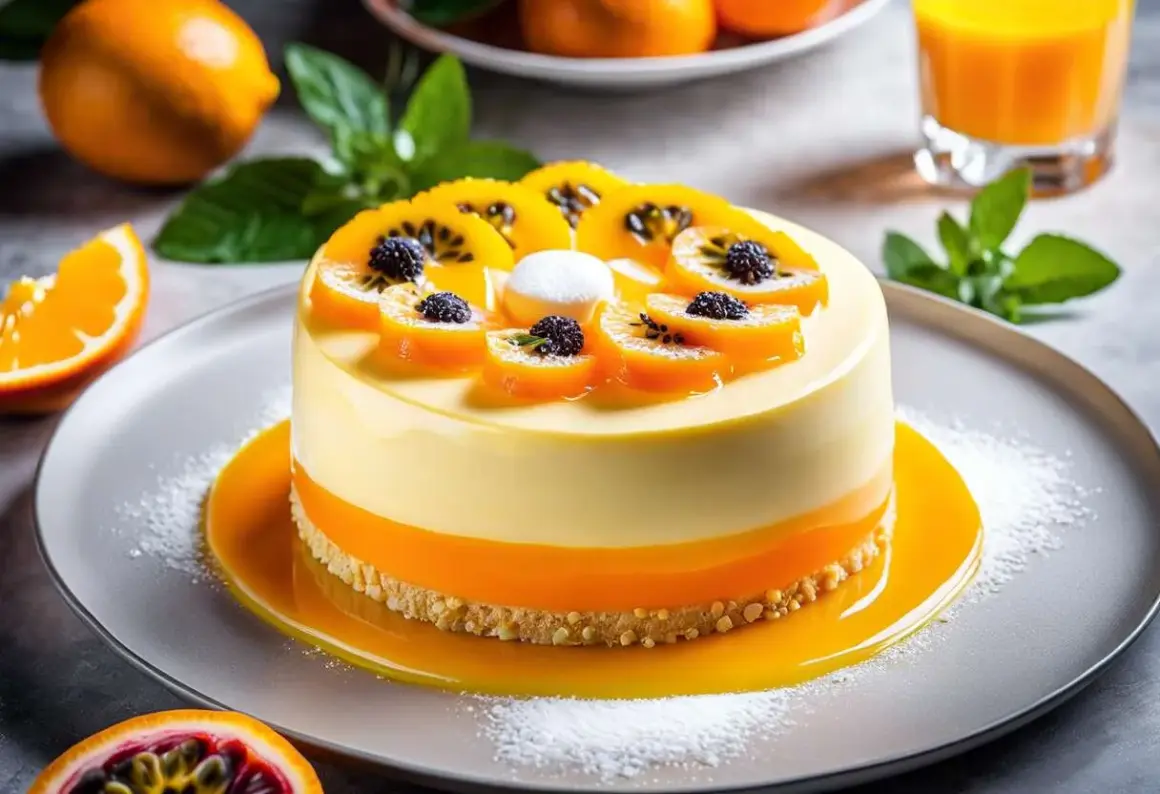 Un délicieux entremet orange, garni de fruits frais et de baies noires, repose sur un lit de sauce orange vif.