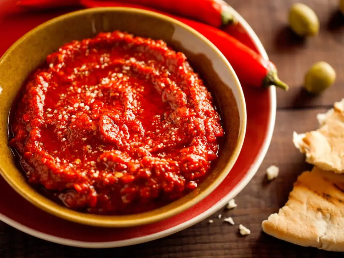 Un bol de harissa maison, prêt à être dégusté avec du pain pita. Une recette simple pour un goût authentique.