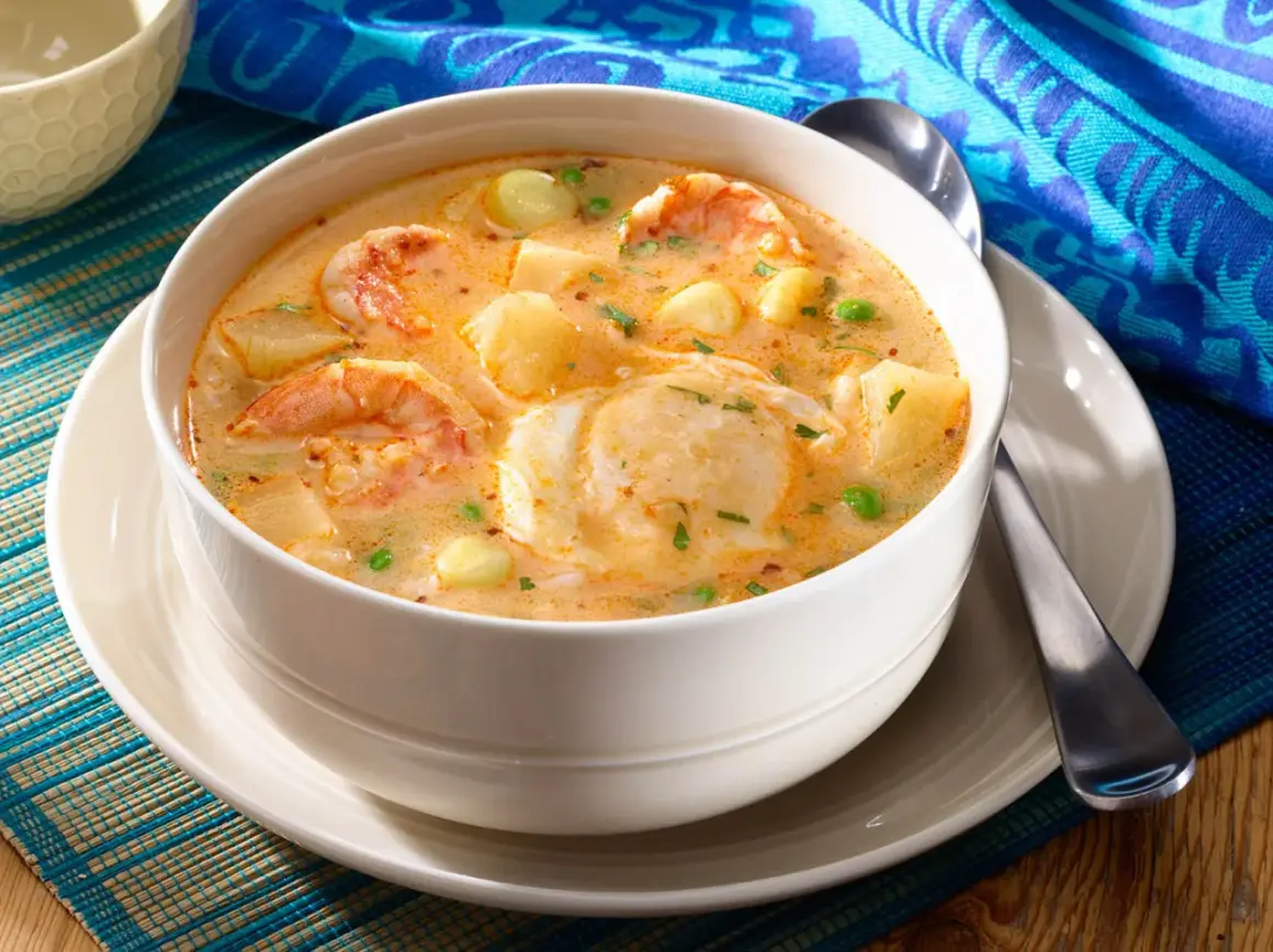 Un bol de chupe de camarones crémeux, garni de crevettes, pommes de terre et petits pois.