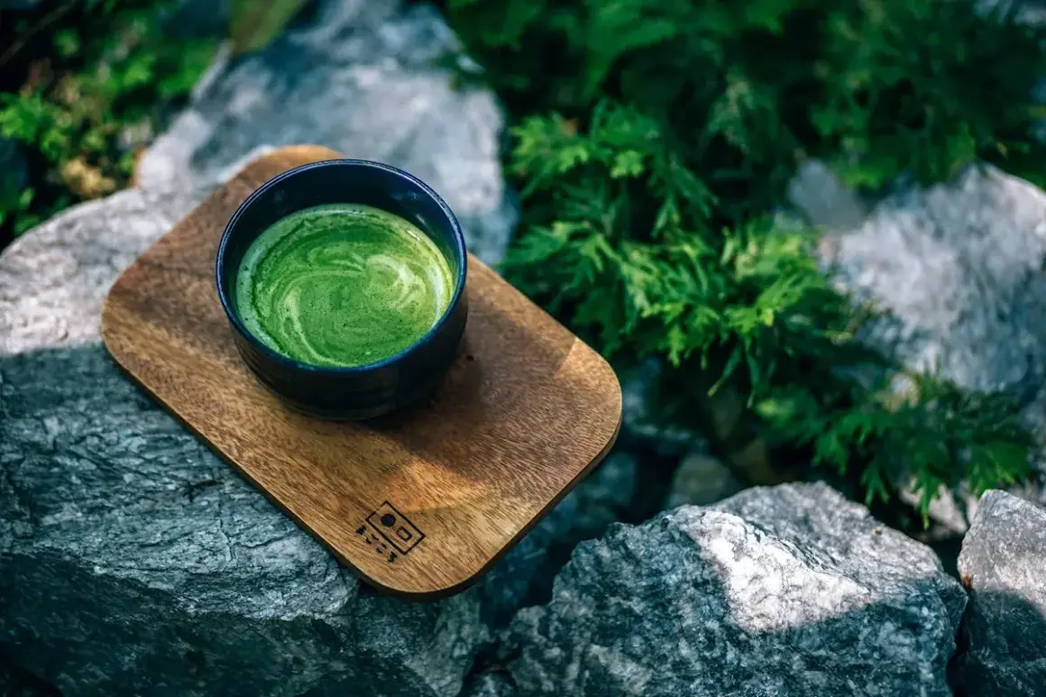 Tasse de matcha crémeux sur un plateau en bois, entourée de rochers et de verdure. Idéal pour des matcha recettes salées.