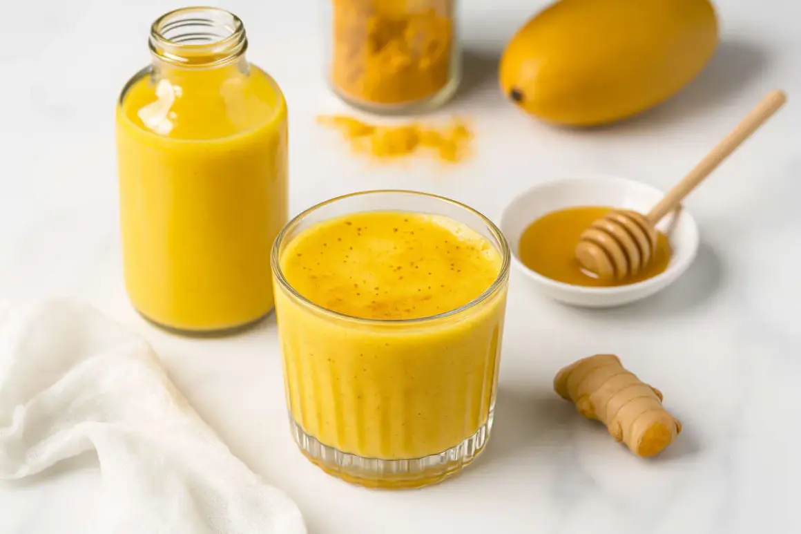 Un verre et une bouteille de smoothie gingembre, avec du miel, du curcuma et un morceau de gingembre frais.
