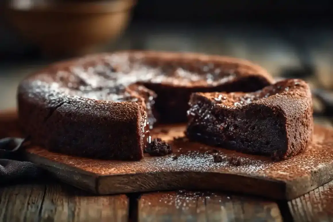 Gâteau au chocolat intense, saupoudré de sucre glace. Une tranche est retirée, révélant sa texture fondante. Parfait pour une recette de black cake.