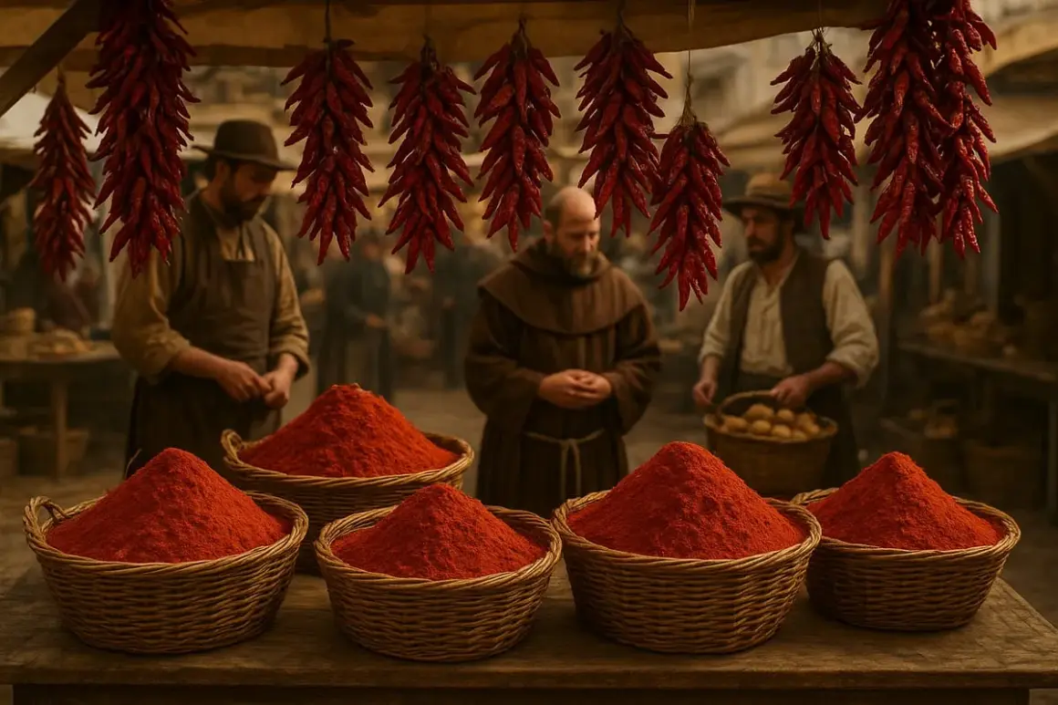 Marché médiéval avec des paniers de poudre de paprika rouge vif. Des piments séchés pendent au-dessus, et des marchands en tenue d'époque servent les clients.