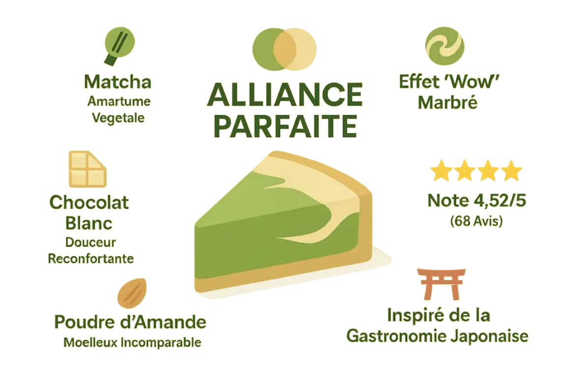 Tranche de **cake matcha chocolat blanc** marbré, alliance parfaite de saveurs végétales et douces, inspirée du Japon.