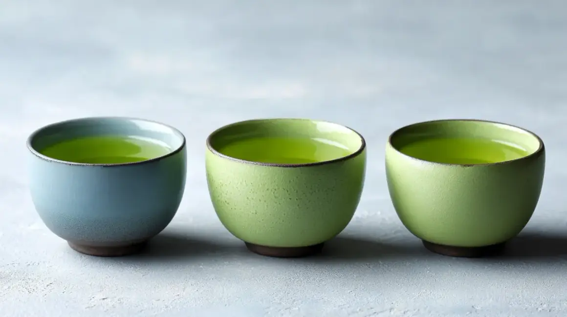 Trois tasses de thé vert vif, une bleue et deux vertes, suggérant la dose maximale de thé vert par jour pour une dégustation paisible.