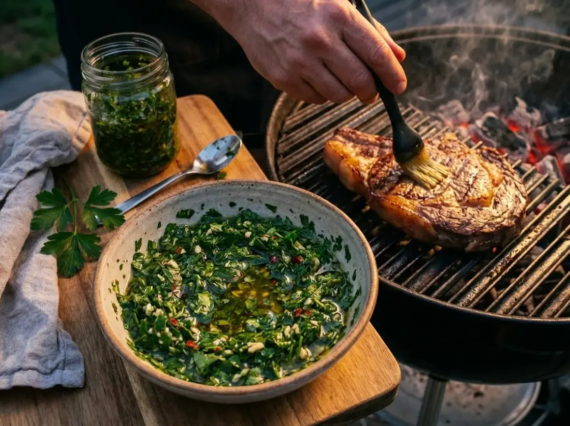 Un steak grillé est badigeonné avec une sauce chimichurri fraîche. Une autre portion de sauce est dans un bol à côté.