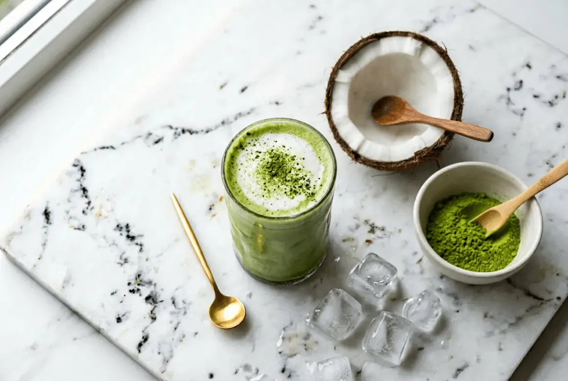 Un verre de houmous claire au matcha, garni de poudre verte, à côté d'une noix de coco ouverte et de glaçons.