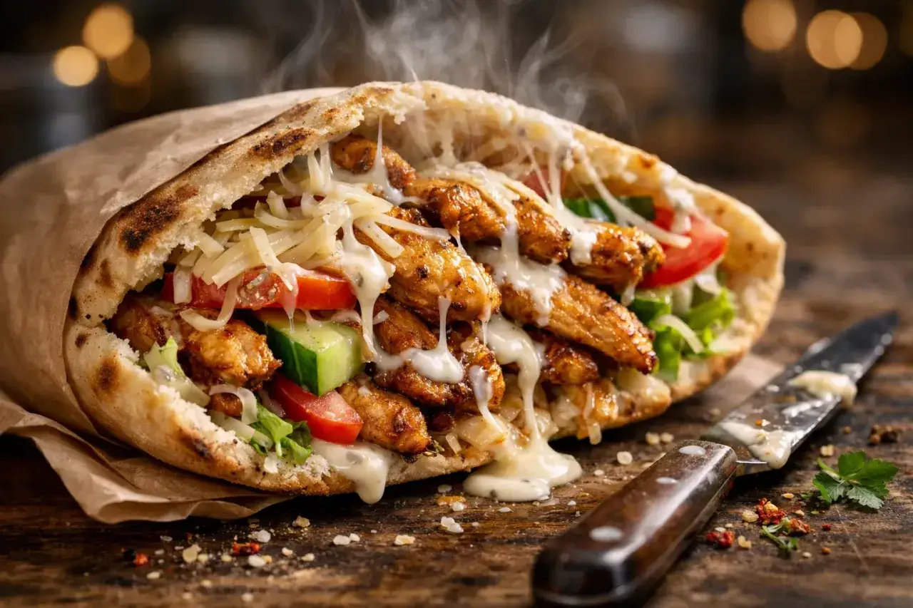 Un d&eacute;licieux kebab maison, garni de poulet grill&eacute;, de tomates, de concombre et de fromage fondant, servi dans un pain pita chaud.