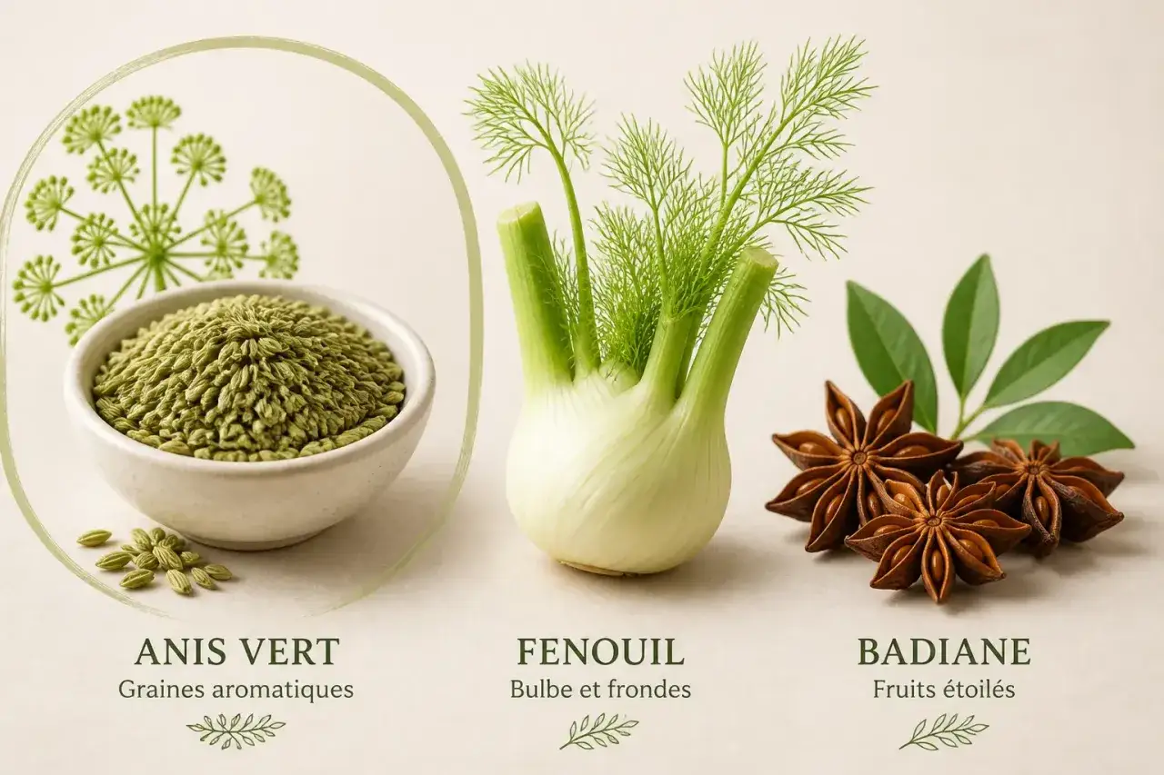 Anis vert, fenouil et badiane, trois épices aromatiques aux saveurs distinctes. Le fenouil, avec ses frondes délicates, côtoie les graines d'anis vert et les fruits étoilés de la badiane.