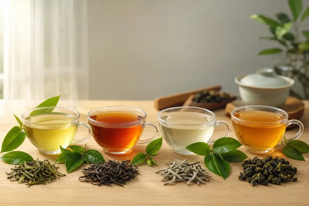 Quatre tasses de thé aux couleurs variées, entourées de feuilles et de feuilles de thé sèches. Le thé est-il bon pour la santé ?