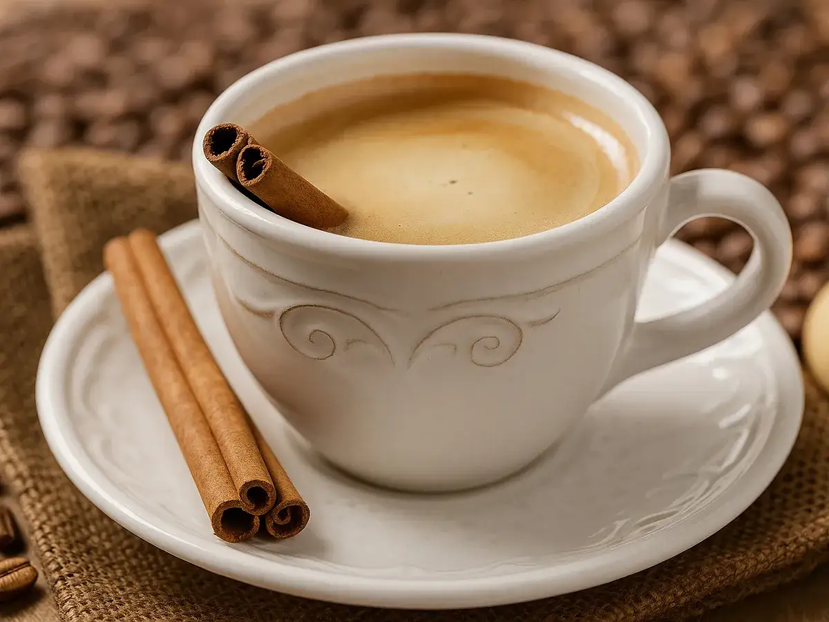 Une tasse de caf&eacute; cr&eacute;meux avec des b&acirc;tons de cannelle, un ar&ocirc;me r&eacute;confortant pour un moment de d&eacute;tente.