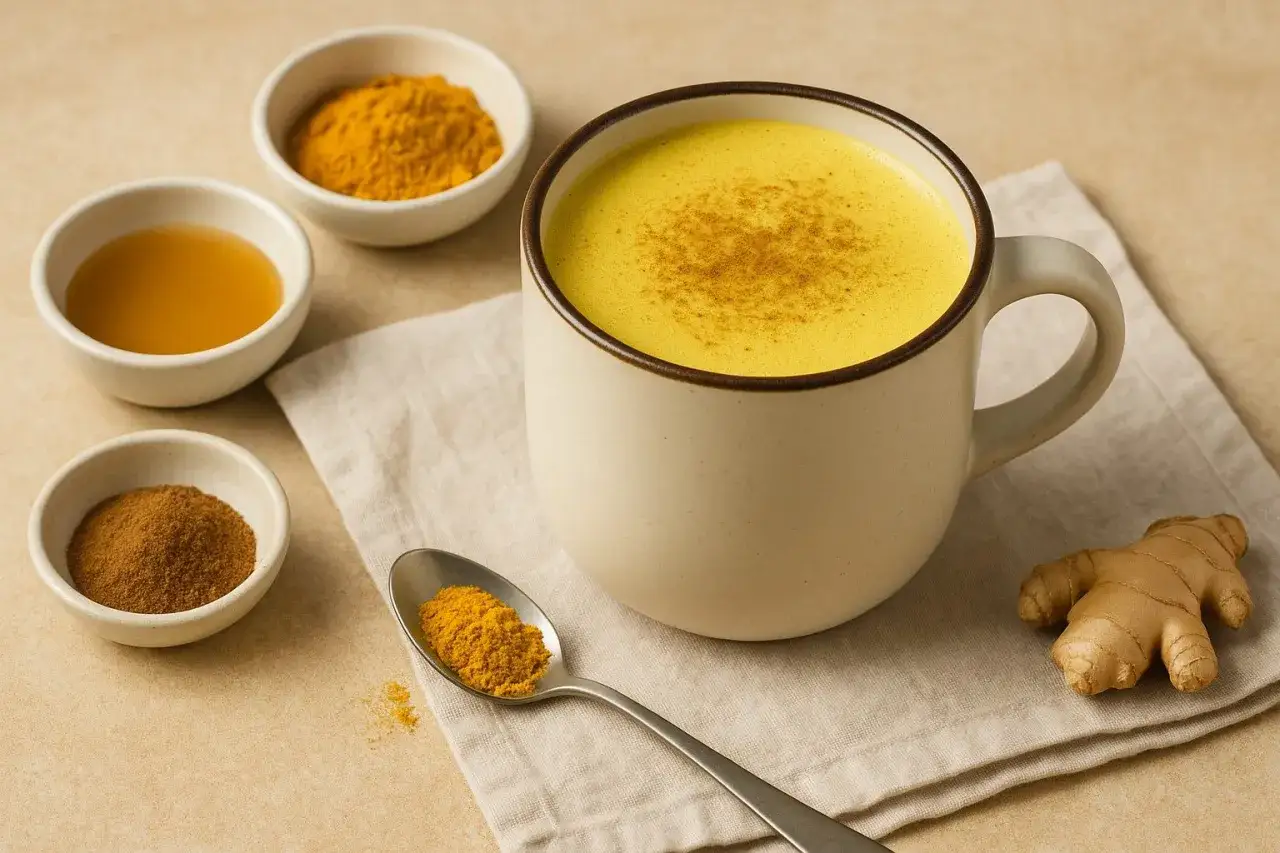 Une tasse de lait dor&eacute;, avec du curcuma en poudre, du miel et du gingembre &agrave; proximit&eacute;. Boire du curcuma : bienfaits pour la sant&eacute;.
