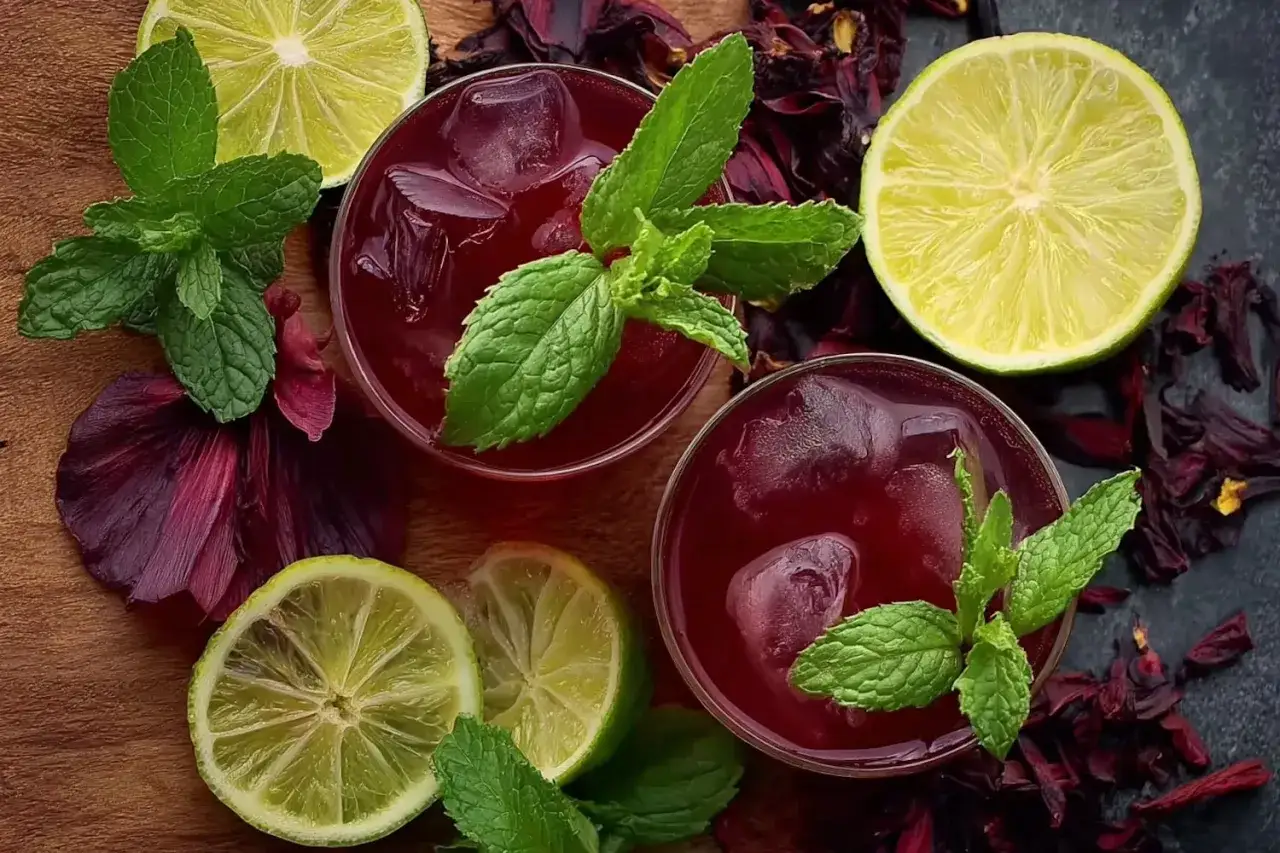 Deux verres de bissap, boisson rafra&icirc;chissante typique de la recette s&eacute;n&eacute;galaise, orn&eacute;s de menthe fra&icirc;che, de rondelles de citron vert et de fleurs d'hibiscus s&eacute;ch&eacute;es.
