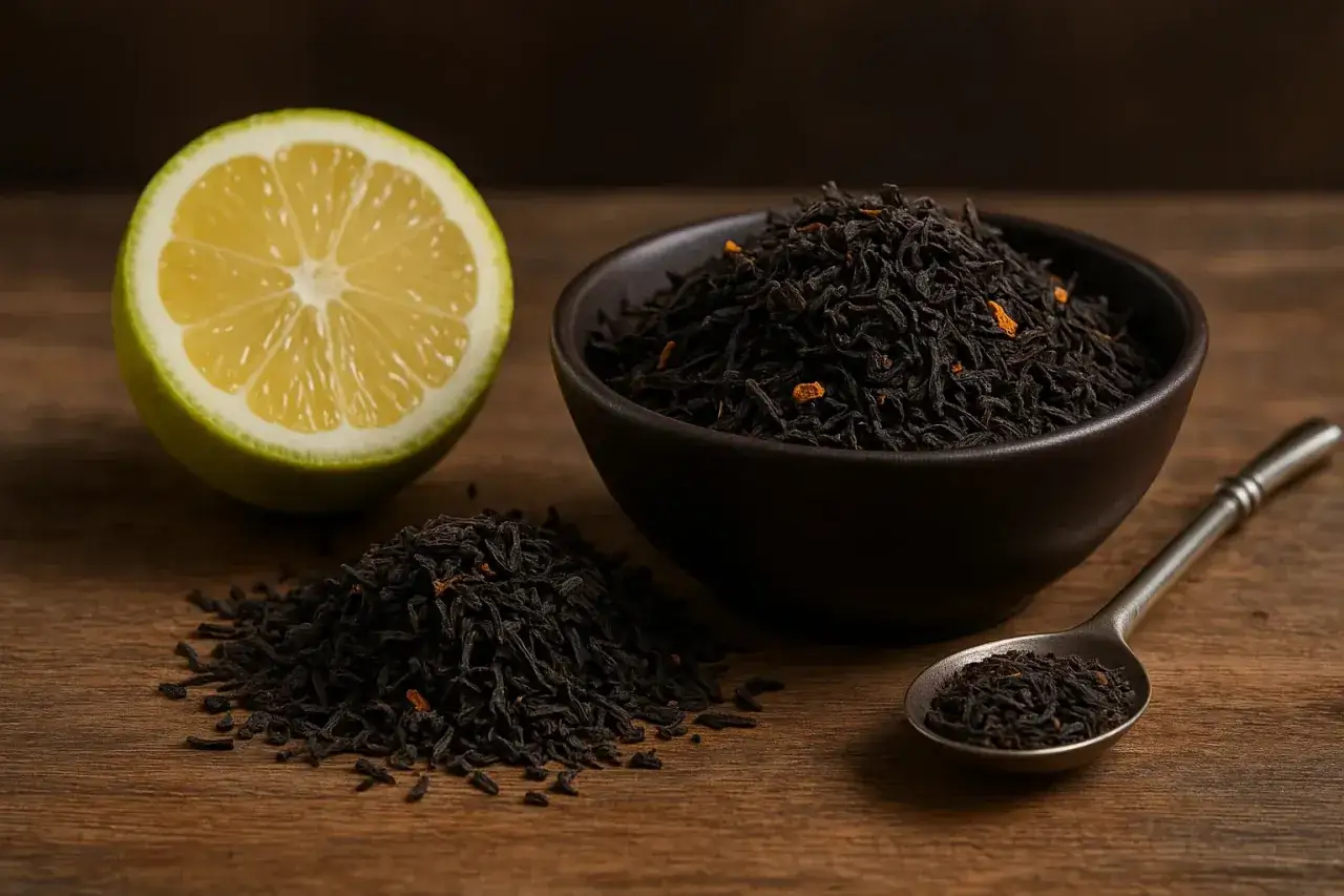 Un bol de th&eacute; noir, une cuill&egrave;re remplie de feuilles et une moiti&eacute; de citron, pr&ecirc;ts pour un d&eacute;licieux th&eacute; Earl Grey.