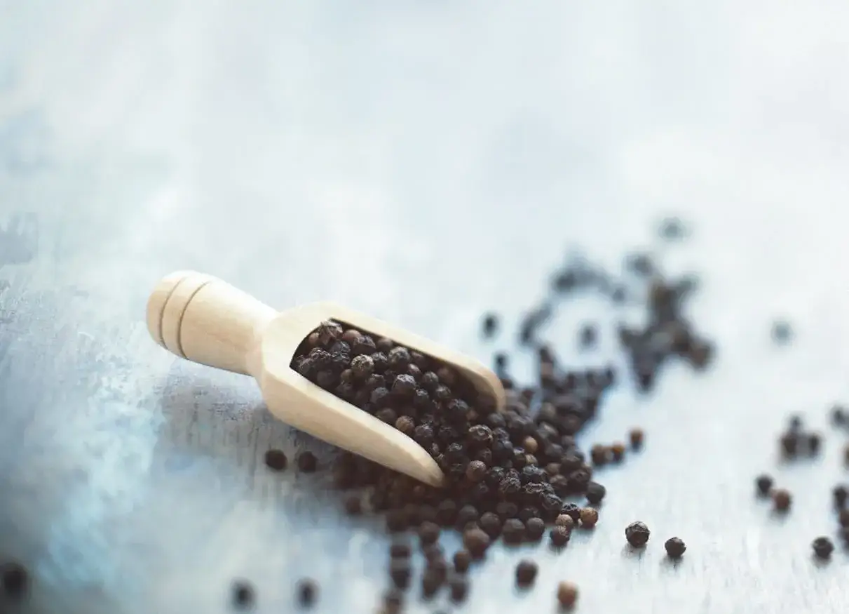 Une cuillère en bois déborde de grains de poivre noir. Le poivre est-il bon pour la santé ? Ces petites baies piquantes pourraient bien l'être.