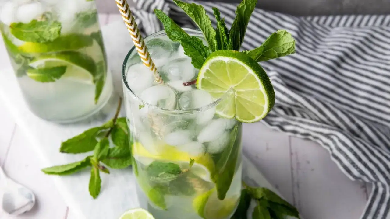 Un d&eacute;licieux mocktail mojito rafra&icirc;chissant, garni de menthe fra&icirc;che et de rondelles de citron vert, pr&ecirc;t &agrave; &ecirc;tre d&eacute;gust&eacute;.