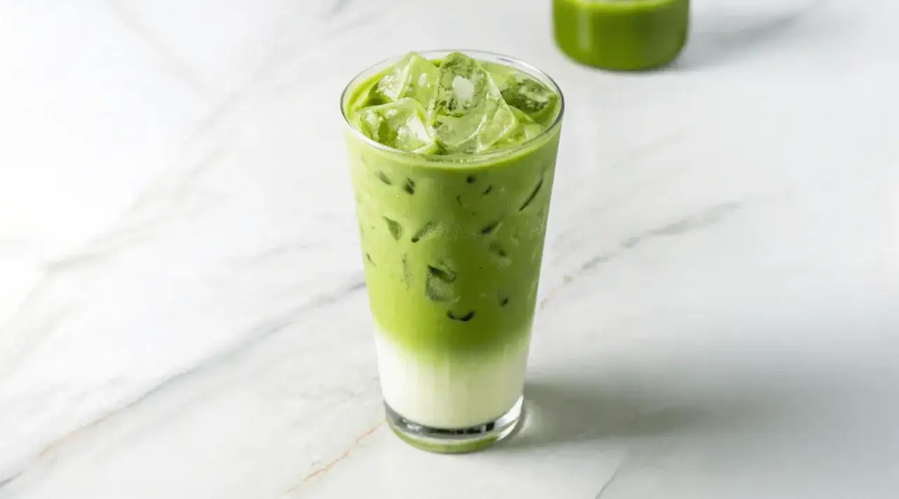 Un verre de matcha frapp&eacute;, rempli de gla&ccedil;ons et de lait, sur un fond marbr&eacute;.