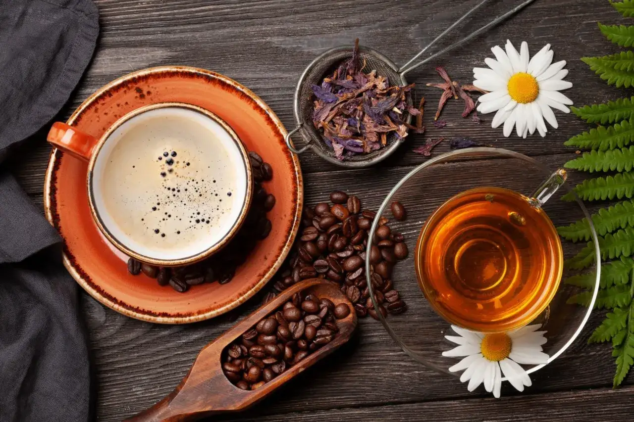 Une tasse de café crémeux et une infusion de thé ambré, accompagnées de grains de café, de fleurs séchées et de camomille sur fond de bois.