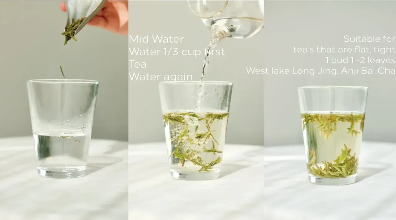 Pr&eacute;paration du th&eacute; vert : ajout d'eau, puis des feuilles, et enfin de l'eau pour le temps infusion th&eacute; vert parfait.