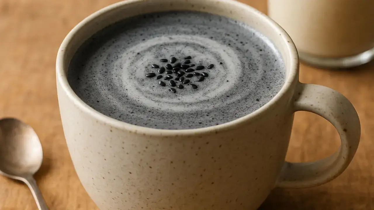 Tasse de latte de s&eacute;same noir, garnie de graines de s&eacute;same, avec une cuill&egrave;re &agrave; proximit&eacute;.