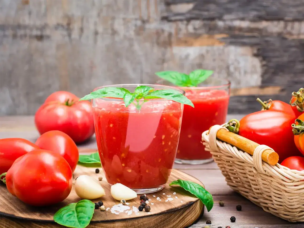 Deux verres de jus de tomate frais, garni de basilic, entour&eacute;s de tomates m&ucirc;res, d'ail et de poivre sur une planche en bois.