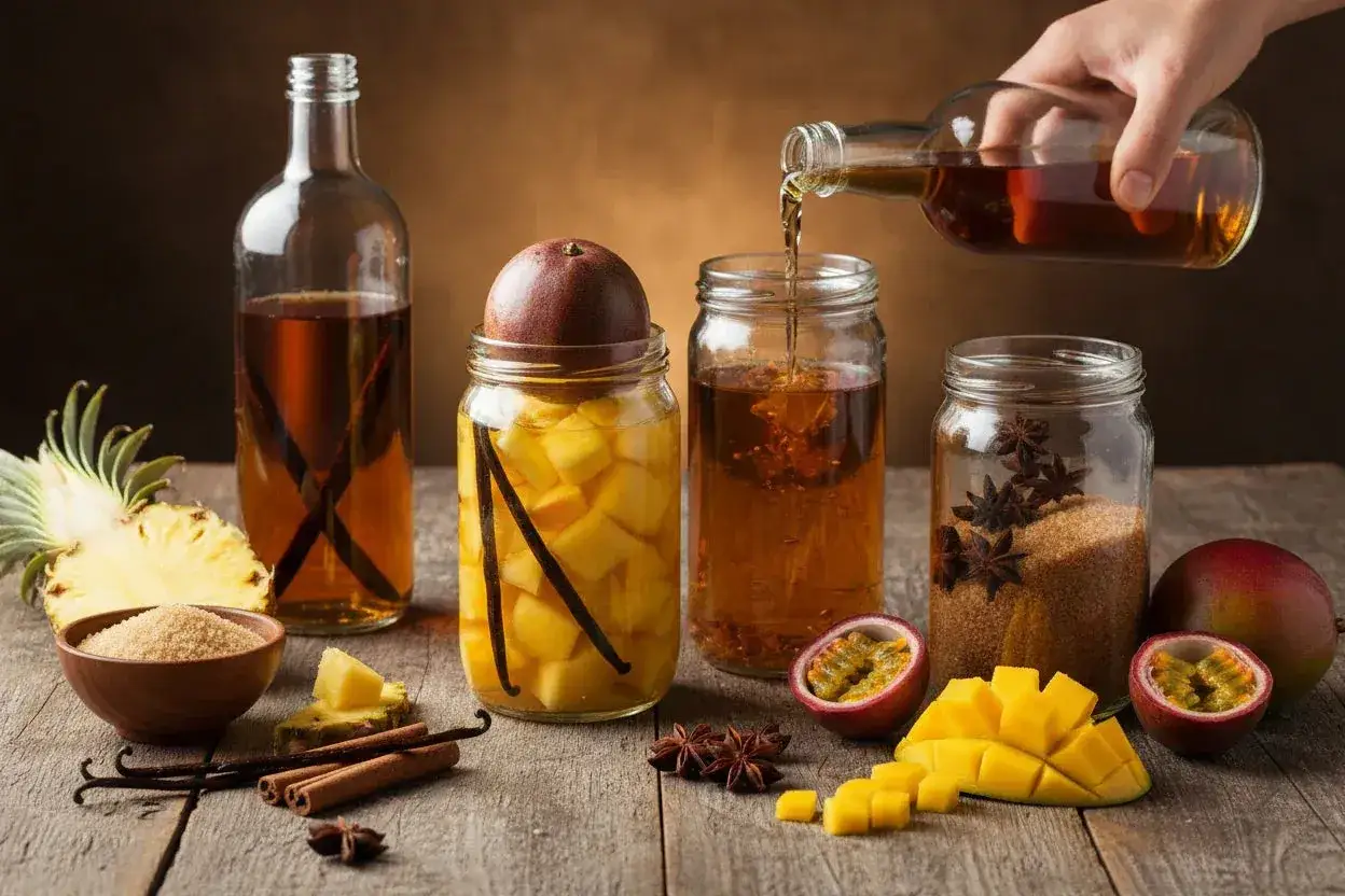 Pr&eacute;paration d'une recette rhum arrang&eacute; : fruits tropicaux, vanille, sucre roux et anis &eacute;toil&eacute; dans des bocaux.