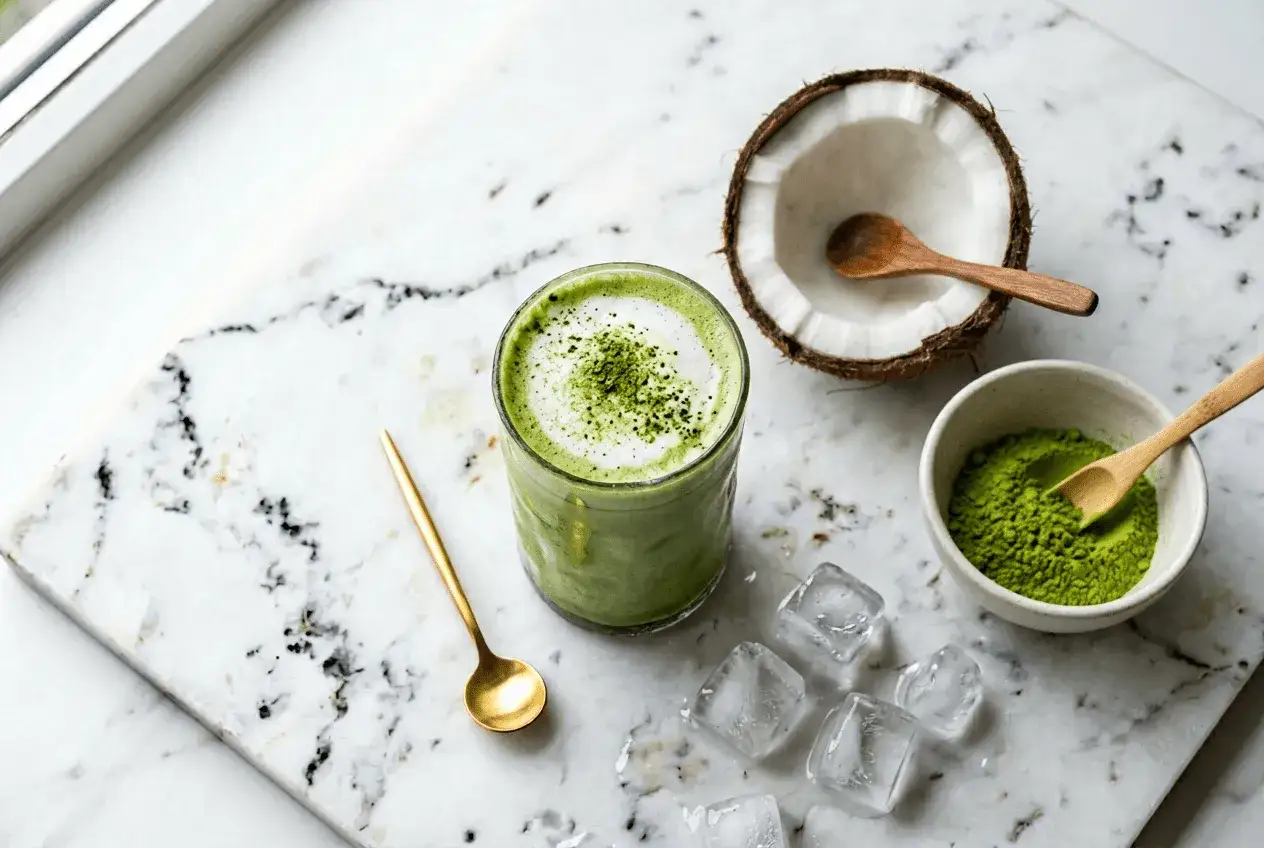 Un verre de matcha latte cr&eacute;meux, une noix de coco ouverte, de la poudre de matcha et des gla&ccedil;ons. Parfait pour des matcha recettes sal&eacute;es.