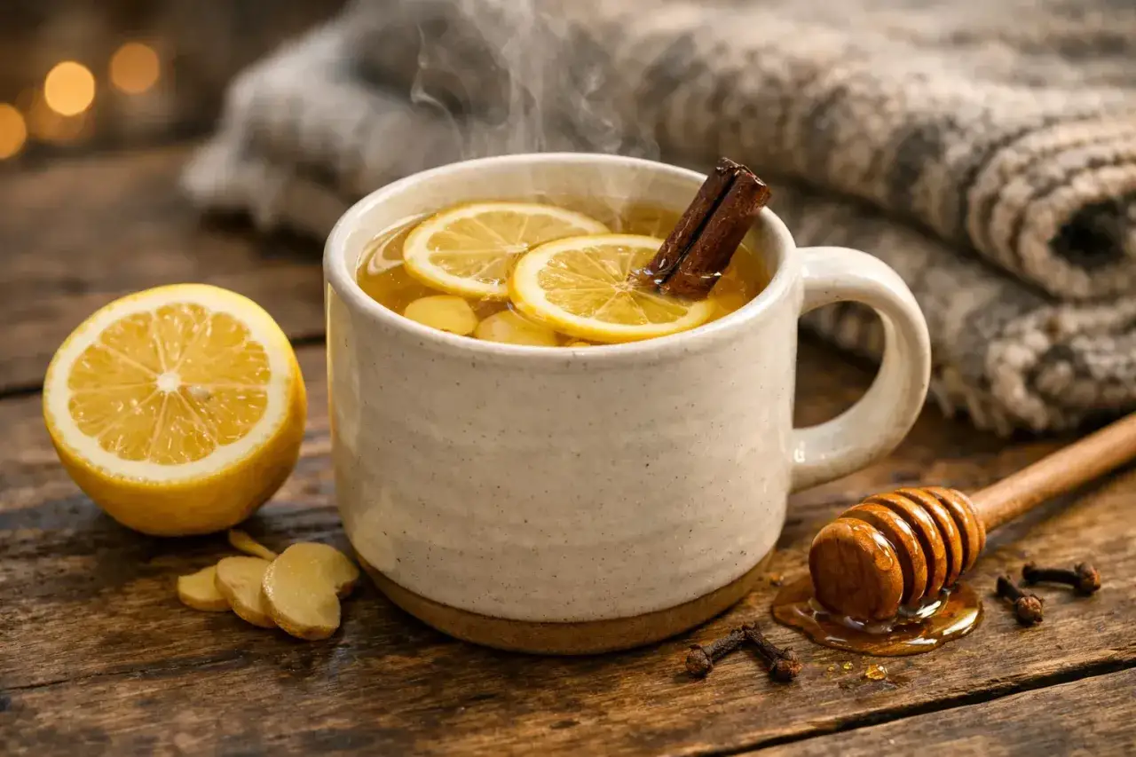 Un grog sans alcool fumant, avec citron, gingembre, cannelle et miel. Parfait pour se r&eacute;chauffer.