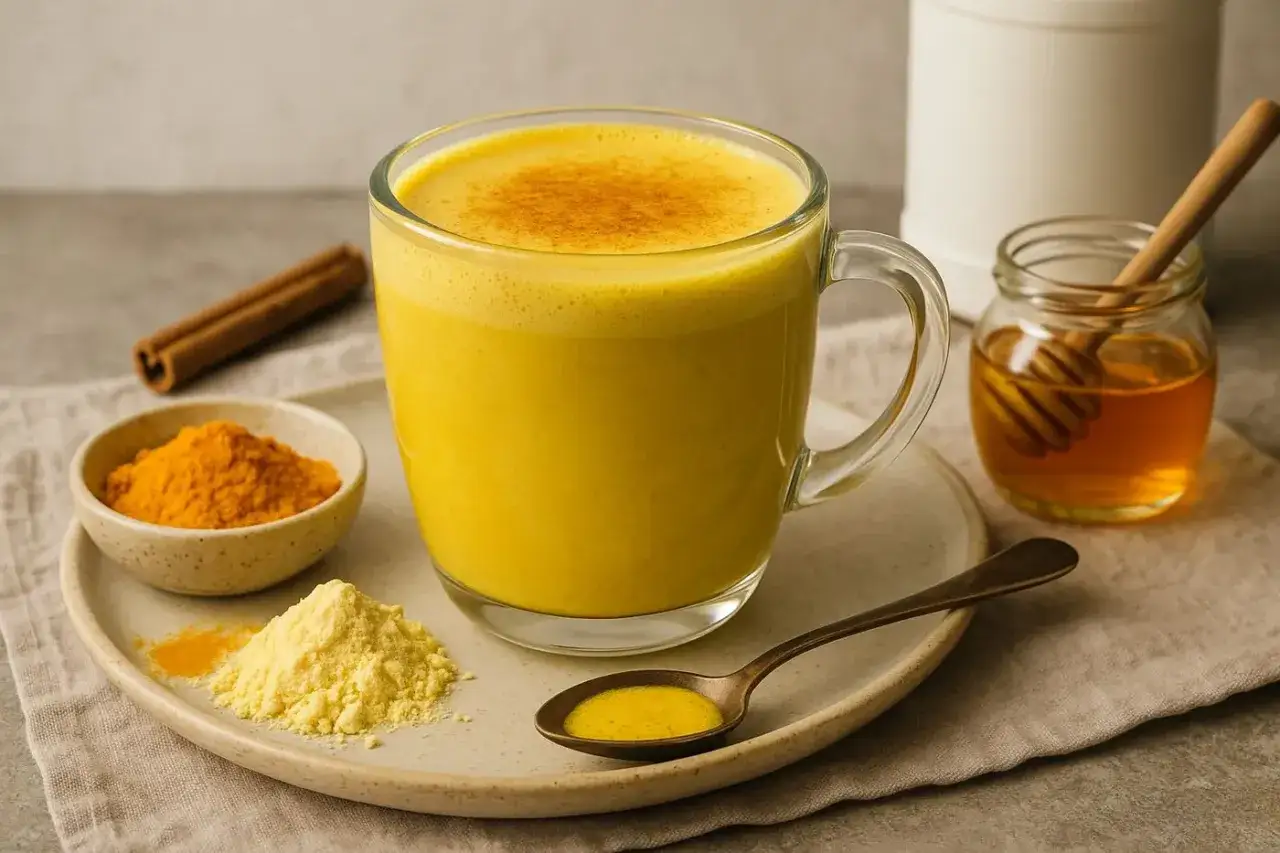 Un verre de golden latte, avec curcuma, cannelle et miel. D&eacute;couvrez les golden latte bienfaits pour votre bien-&ecirc;tre.