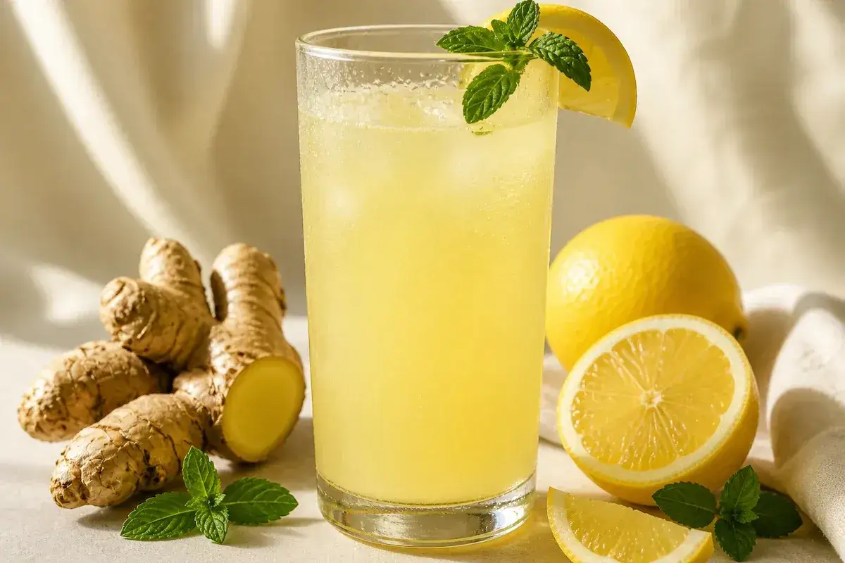 Un verre de jus de gingembre rafraîchissant, garni de menthe et d'une tranche de citron, avec des citrons et du gingembre frais à côté.