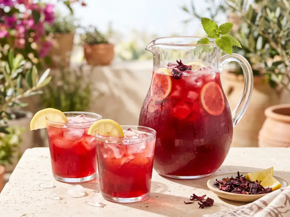 Rafra&icirc;chissante eau d'hibiscus, servie dans un pichet et deux verres avec des gla&ccedil;ons et des rondelles de citron. Une touche de menthe pour parfaire cette boisson estivale.
