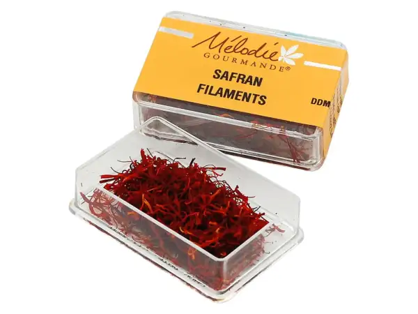 Boîte de safran en filaments Mielodie Gourmande. Découvrez comment utiliser le safran en filaments pour parfumer vos plats.