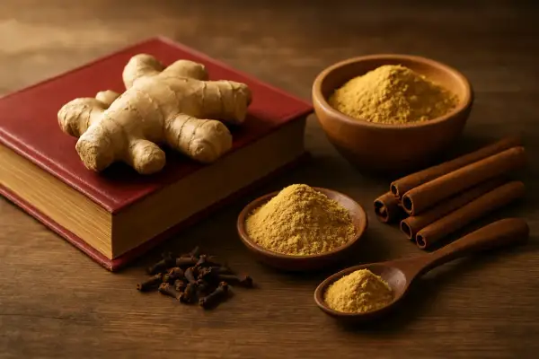 Gingembre frais, en poudre, cannelle et clous de girofle sur un livre rouge. Découvrez comment consommer le gingembre pour ses bienfaits.