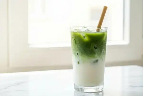 Un cocktail matcha glacé, avec du lait et une paille en bambou, sur un fond lumineux.