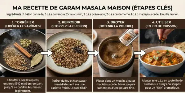 Étapes clés pour une recette de garam masala maison : torréfier, refroidir, broyer les épices, puis les utiliser pour parfumer vos plats.
