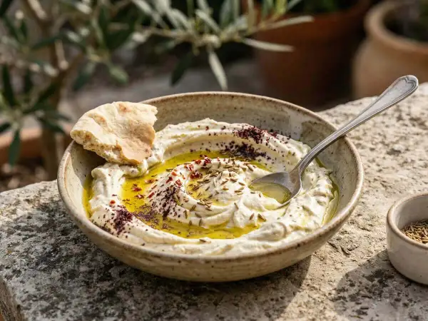 Un bol de houmous crémeux, garni d'huile d'olive, de sumac et de graines de cumin, avec un morceau de pain pita.