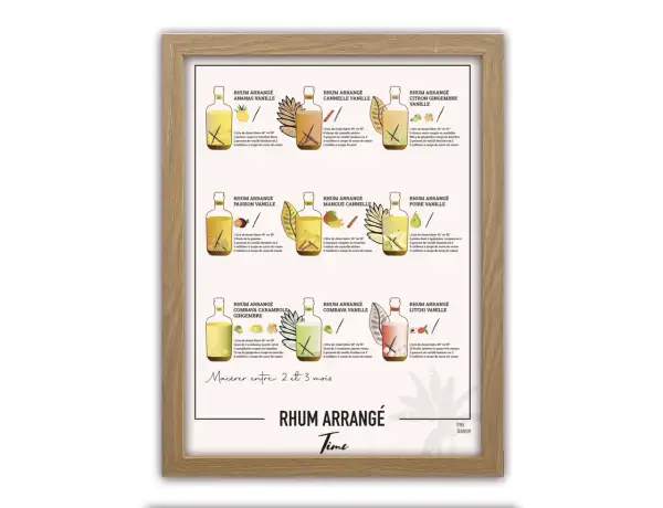 Affiche illustrant plusieurs recettes de rhum arrangé : ananas vanille, mangue cannelle, citron gingembre vanille, etc.