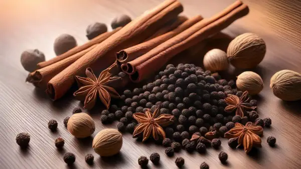 Bâtonnets de cannelle, grains de poivre noir, anis étoilé et noix de muscade forment un mélange 4 épices invitant à la cuisine.