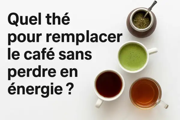 Trois tasses de thé, dont un matcha vert vif, et une calebasse de maté, suggèrent des alternatives au café pour maintenir son énergie.
