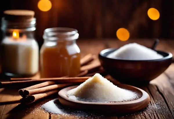 Ambiance chaleureuse avec bâtons de cannelle, miel, bougie et un tas de sucre vanillé maison prêt à parfumer vos desserts.