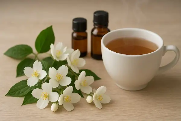Fleurs de jasmin, deux flacons d'huile essentielle et une tasse de thé fumant. Une invitation à découvrir les jasmin bienfaits pour le bien-être.