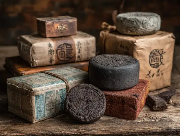 Des blocs de thé Pu-erh, un thé **fermenté** aux arômes complexes, sont présentés sur un fond rustique en bois.