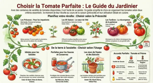 Guide du jardinier : choisir la tomate parfaite. Illustrations de tomates, salades, sauces et poivres. Idéal pour le jus de tomate.
