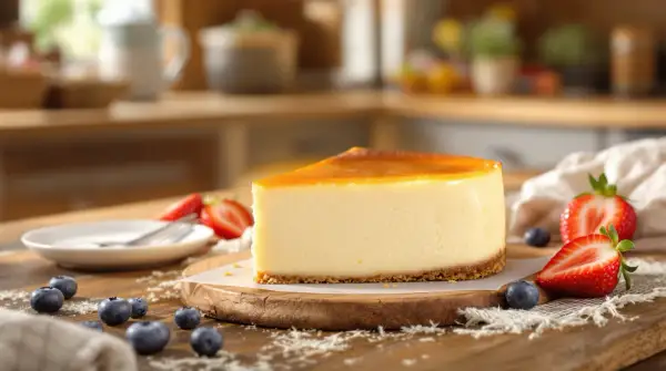 Tranche de cheesecake japonais onctueux, garnie de fraises et myrtilles, sur une planche en bois.