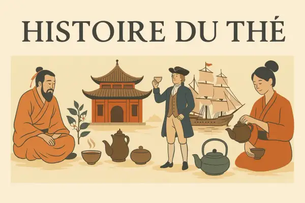 Illustration de l'histoire du thé : un homme asiatique, un européen et une femme asiatique partagent cette boisson, avec un bateau et un temple.