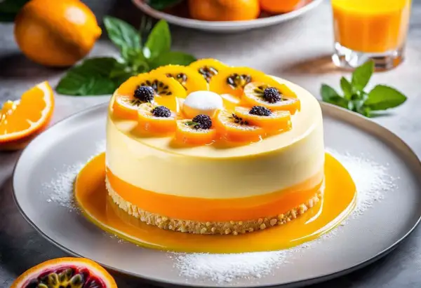 Un délicieux entremet orange, garni de fruits frais et de baies noires, repose sur un lit de sauce orange vif.