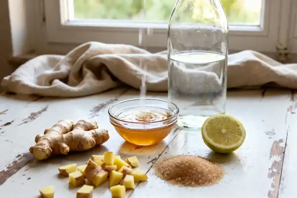 Préparation du jus de gingembre : gingembre frais, citron, miel et sucre brun sur une table en bois.